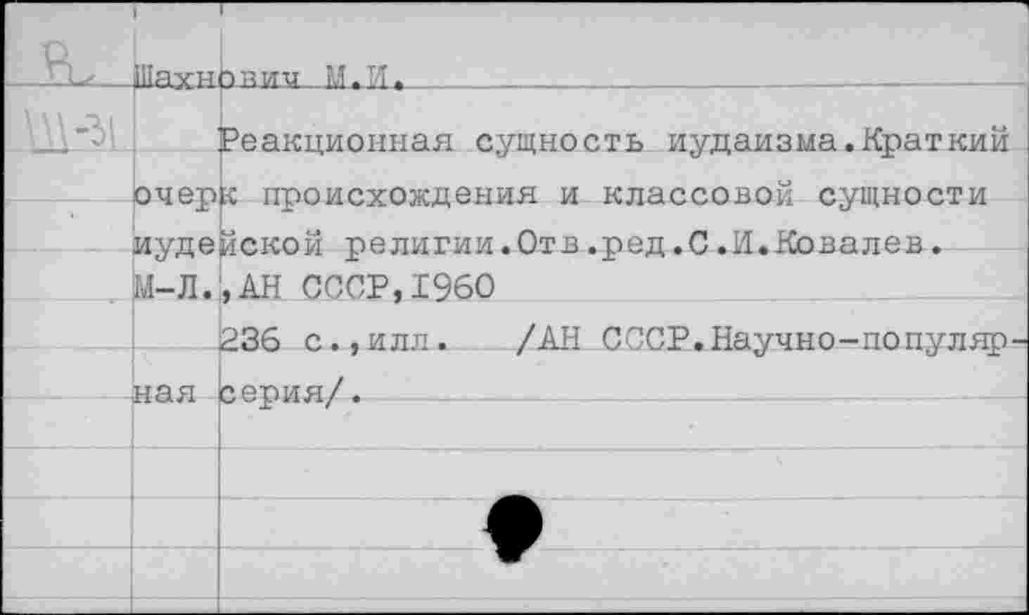 ﻿	* 'Ш	шахн	чвич М.И.	 Реакционная сущность иудаизма.Краткий
	очер иуде М-Л. ная	х происхождения и классовой сущности Некой религии.Отв.ред.0.И.Ковалев. ,АН СССР,1960 236 с.,илл. /АН СССР.Научно-популяр-серия/.